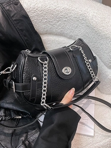 Vintage black lychee leather bowling bag with silver chain strap and top handle