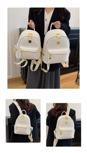 Detail view of white tweed backpack with gold hardware and woven texture details