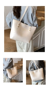 Detailed views of a large cream leather tote bag featuring natural pleated texture