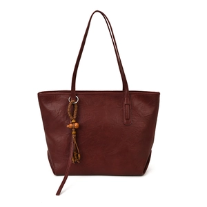Minimalist deep wine red tote bag with wood bead tassel and smooth leather texture