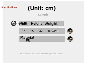 Size chart showing large PU backpack dimensions 32x16x42cm and 0.93kg weight details