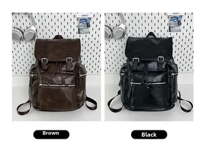 Detail view of large PU leather backpack showing glossy vintage texture in black and brown