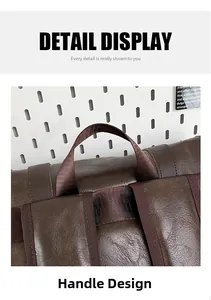 Detailed view of brown PU leather backpack handle with durable nylon strap reinforcement