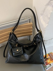 Borsa tote in pelle nera retrò con cuciture a contrasto e piccola pochette rimovibile