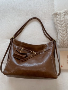 Borsa tote vintage marrone scuro con cuciture a contrasto e mini pochette su tessuto