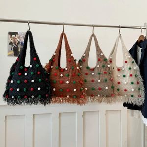 Chic knit shoulder tote bags with colorful pom-poms and fringe trim in four colors