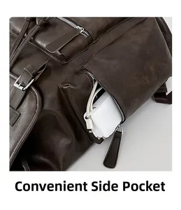 Detailed view of the convenient side pocket on this vintage brown PU leather backpack