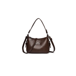 Dark brown glossy leather shoulder bag with kangaroo logo and adjustable strap