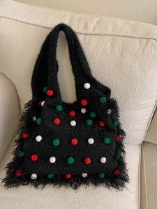 Christmas Knitted Tassel Tote Bag For Women Handcrafted Pom Pom Shoulder Bag Large Capacity Vintage Holiday Boho Style Handbag