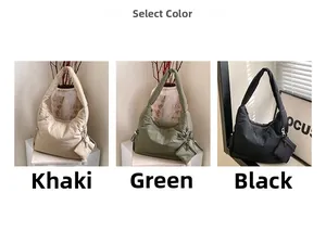 Three stylish quilted puff tote bags in khaki, green, and black with matching mini pouches