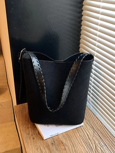 Women Faux Suede Bucket Bag Large Capacity Shoulder Bag With Woven Strap Korean Style Casual Street Trend Tote Handbag
