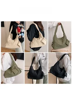 Quilted tote bags in beige, green, and black with matching hanging zipper pouches