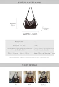 Size chart and specifications for vintage PU leather tote bag with dimensions and strap options