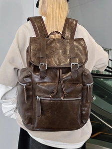 Dark brown PU leather backpack for women with vintage texture and large capacity