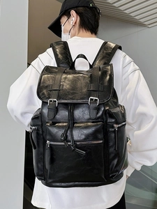Large PU leather backpack with buckle flap and drawstring closure for travel and commute