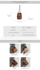 Detailed size chart and multi-color leopard print bucket bag display for women