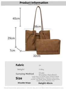 Size chart showing large tote and inner pouch dimensions in centimeters for a PU handbag