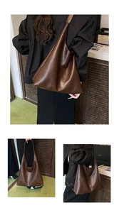Detail of a large vintage brown glossy leather tote bag shown from multiple angles