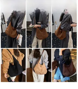 Suede hobo bags in black, dark brown, and khaki shown in multiple outfits and colors