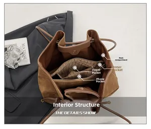 Top view of brown suede tote bag showing main compartment, zip pocket and inner layout
