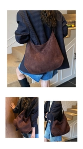 Detailed views of a large dark brown suede tote bag for women showing crossbody style