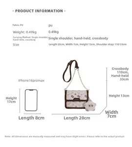 Size comparison of beige cat print shoulder bag with an iPhone 16 Pro Max