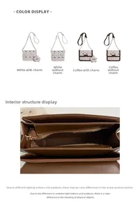 Detailed view of crossbody bag interior compartments with logo print and leather flap