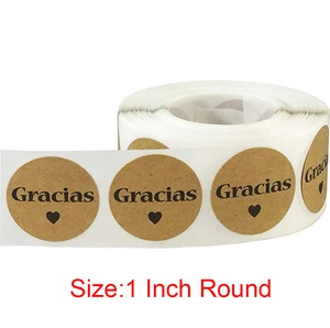 Roll of 1 inch round brown Kraft Gracias stickers with heart for gift packaging