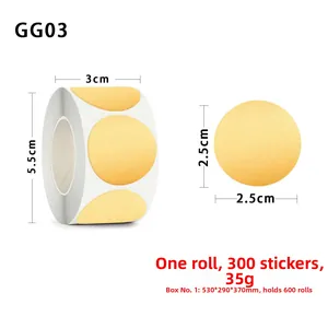 Detailed view of 2.5cm gold scratch-off sticker roll with dimensions and 300 labels