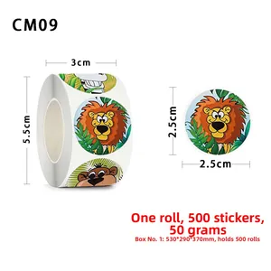 Detail showing 2.5cm diameter cartoon animal stickers roll with 500 pieces for kids