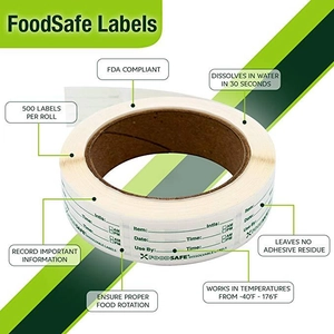 Roll of 500 FoodSafe dissolvable food labels for containers with date and time tracking