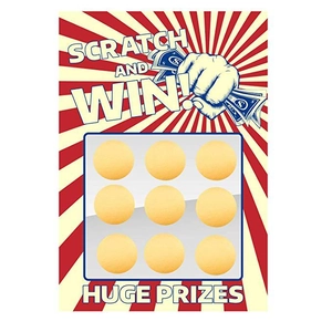 Roll of gold scratch-off stickers with red and white starburst game card design
