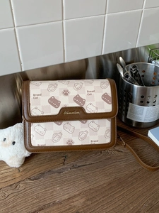 Women Retro PU Leather Shoulder Bag Cute Cartoon Cat Bread Print Crossbody Small Square Bag Chain Strap Casual Handbag