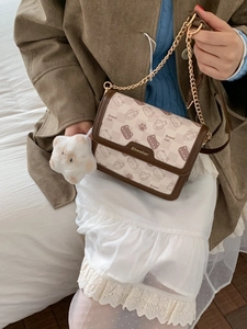 Retro contrast shoulder bag with Bread Cat cartoon print and plush ball charm decoration