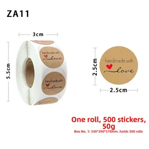 Detail of round kraft 'handmade with love' sticker roll with size and weight specs