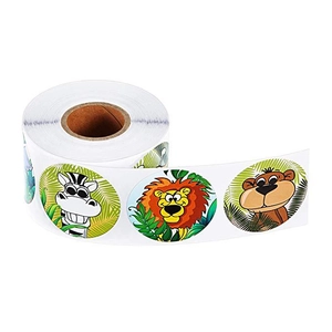 Roll of round jungle animal stickers featuring cartoon lions and zebras for kids