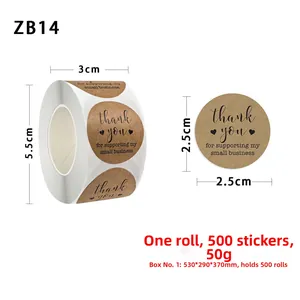 Macro view of kraft paper thank you stickers showing roll height 3cm and label size 2.5cm