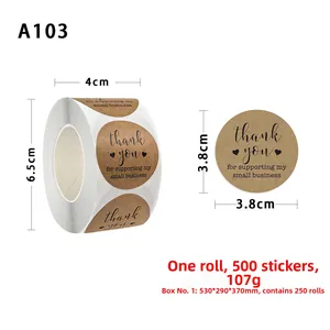 Detailed macro of 3.8cm kraft Thank You labels showing roll dimensions and text