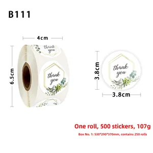 Detail view of 3.8cm Thank You floral stickers in a roll with size measurements
