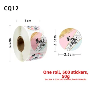 Self-adhesive roll of 500 Thank You stickers with pink and gold geometric designs