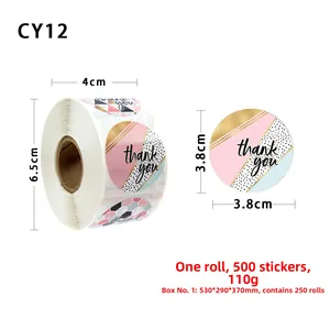 Detailed view of 3.8cm thank you stickers roll with dimensions and gold foil geometry design