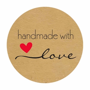 Round kraft paper stickers featuring black handmade with love text and a small red heart