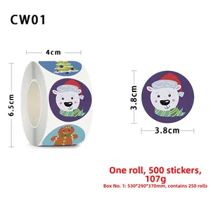 Detail showing 3.8cm Christmas sticker roll with 500 labels of bears and trees