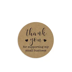 Brown kraft paper stickers roll with thank you text and heart icons for business, 2.5cm