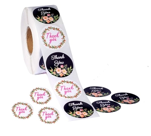 Close-up of DIY decorative Thank You floral adhesive stickers for gift packaging labels