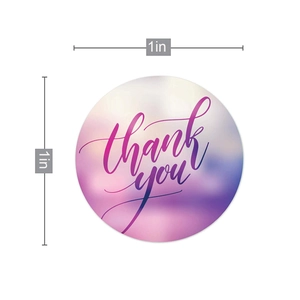 1-inch circular thank you stickers with purple-blue gradient and artistic lettering