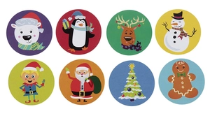 Detail showing eight cartoon Christmas sticker designs including Santa and Reindeer