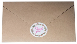 Floral round thank you sticker seal on a brown kraft envelope for gift packaging decoration