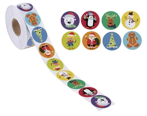 Detail of Christmas roll stickers showing Santa, reindeer, and snowman designs on white background