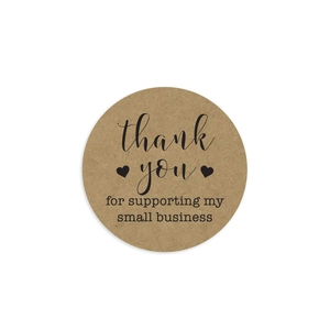 Round brown kraft paper thank you stickers with black text and heart for small business